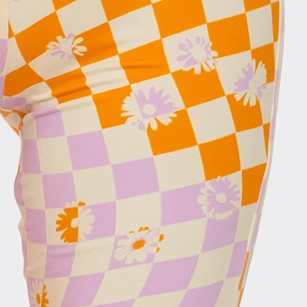 NEW Floral Wavy Checkerboard Groovy Retro Flared Long Pants Small - Picture 4 of 5
